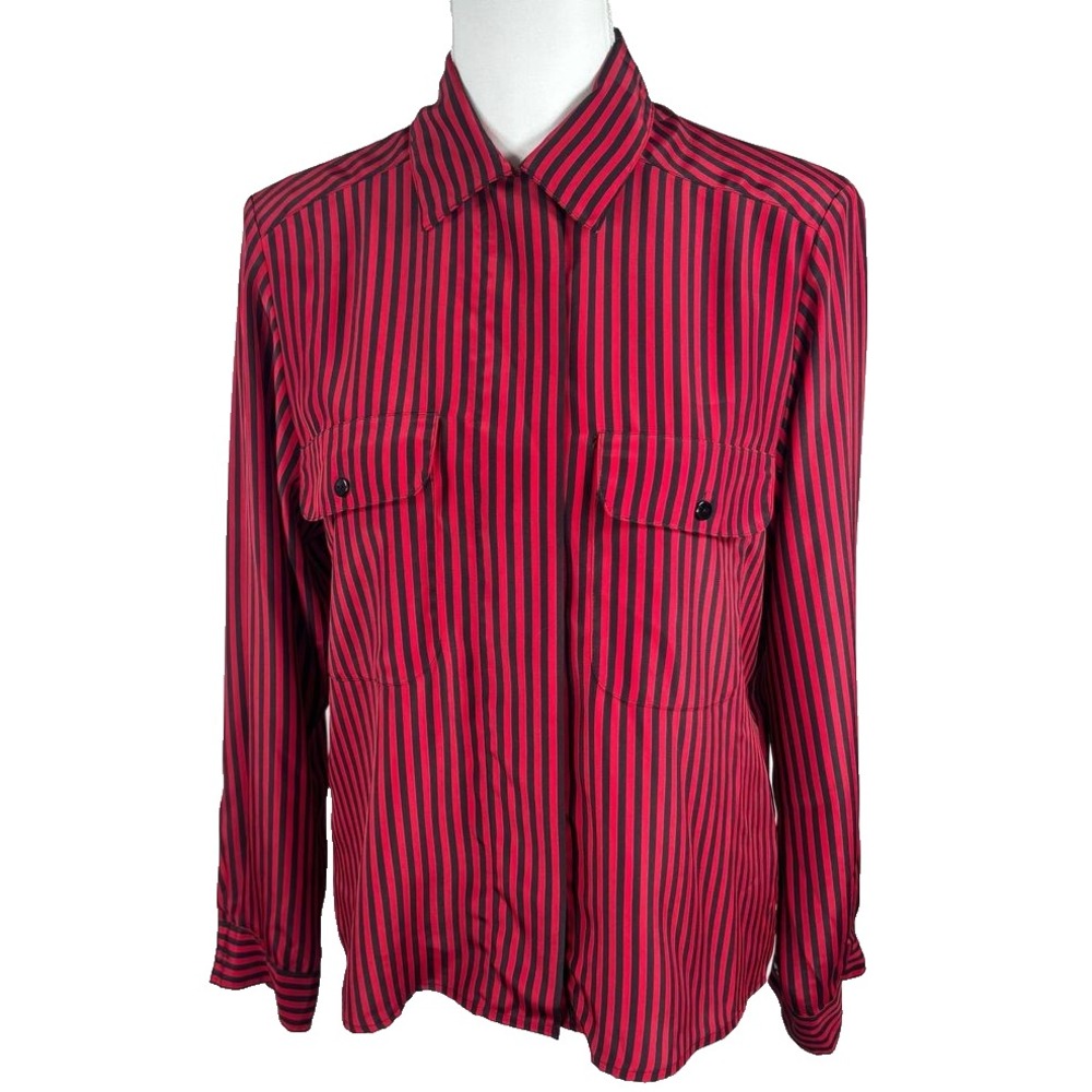 Striped Button Up Top Long Sleeve‎ Casual Pockets Silky Mod Artsy Sz S